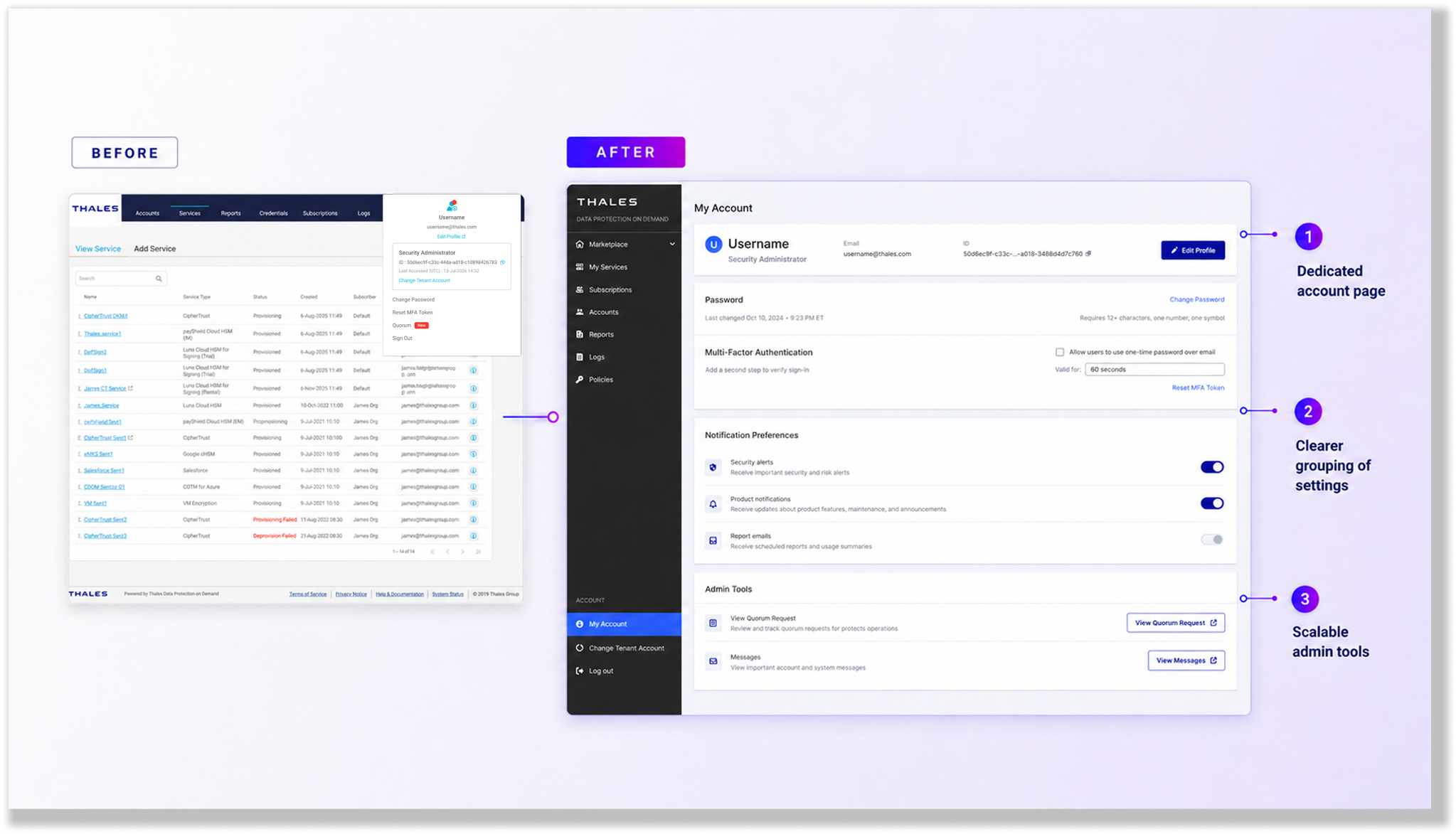 Account settings moved from a growing user menu into a dedicated Account page with clearer grouping and scalable admin tools